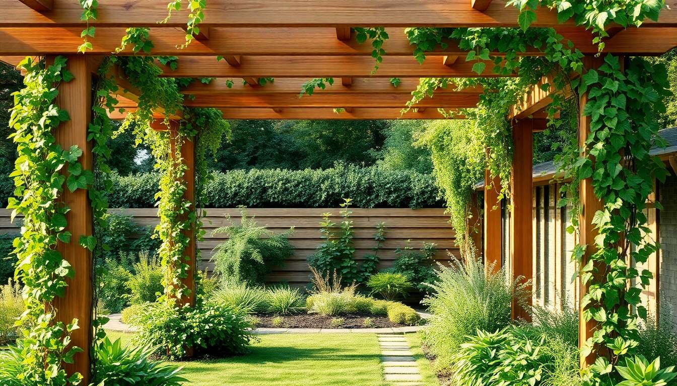 Intégration harmonieuse de la végétation avec une pergola en bois