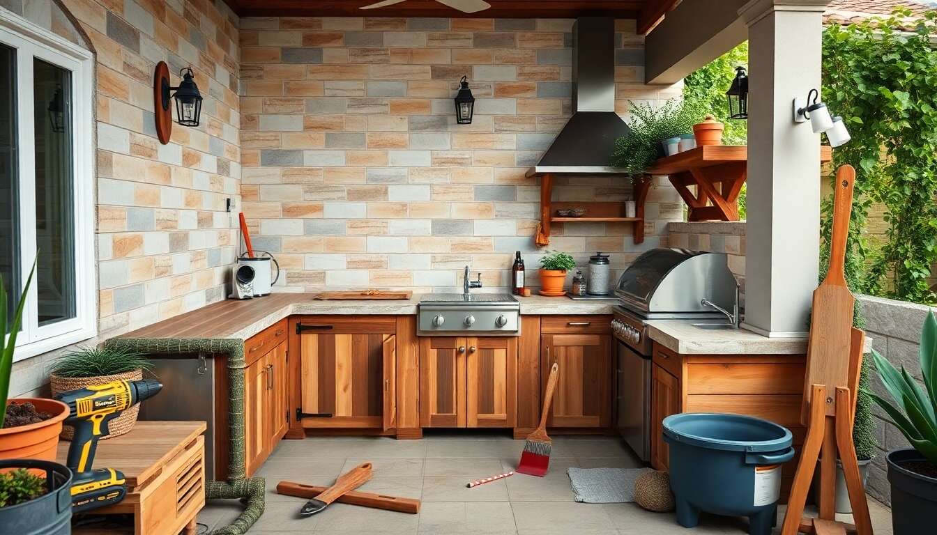 Décoration d'un espace extérieur avec une cuisine équipée de planchas