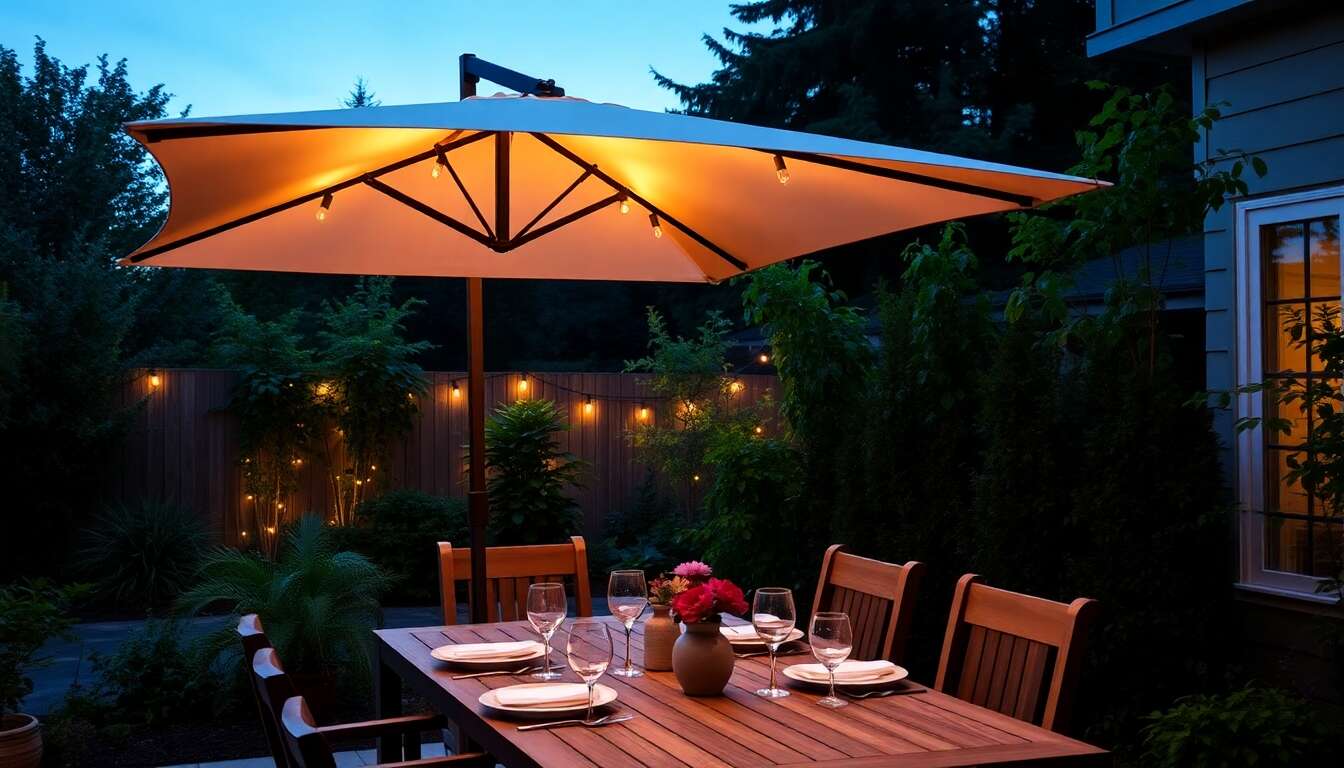 Utiliser un éclairage intégré avec votre parasol déporté pour vos soirées d'été