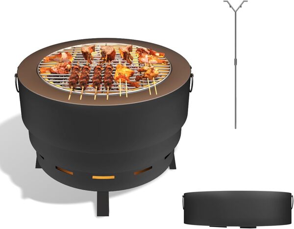 Brasero d'extérieur pliable, foyer à bois avec grille de grille, foyer d'extérieur portable avec tisonnier et supports, pour camping, terrasse, cour, jardin, 43,2 cm, noir