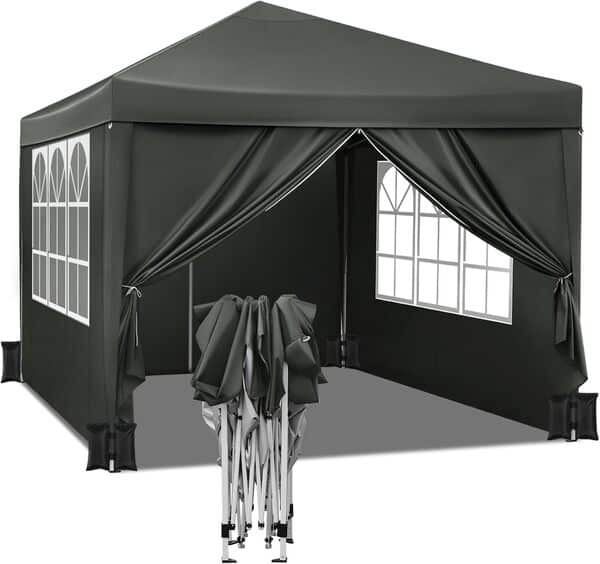 WOLTU Tonnelle de Jardin avec 4 Sacs de Sable Tente Pliante Auvent Pliable Imperméable Protection du Soleil UV 50+ avec Un Chiffon Sac de Transport Inclus Hauteur Réglable 3x3m Gris