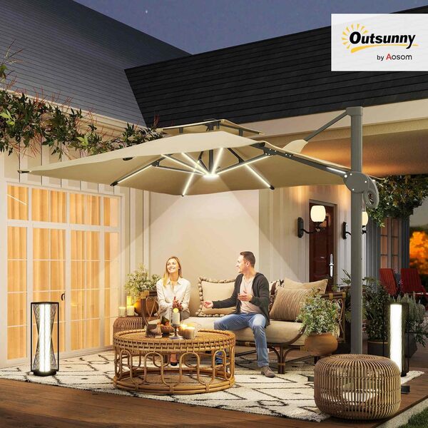 Outsunny Parasol déporté LED carré double toit inclinable pivotant 360° manivelle piètement acier dim. 3L x 3l x 2,66H m beige