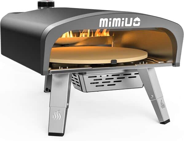 Mimiuo Four à pizza d'extérieur au gaz avec système de rotation automatique et régulateur de gaz britannique, série Tisserie G-Oven portable avec revêtement noir, comprend une pierre à pizza de 33 cm,