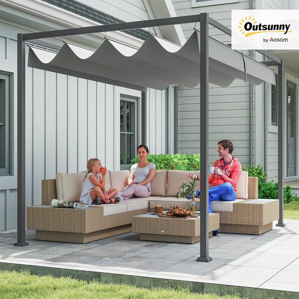 Outsunny Pergola coulissante pergola rétractable 3 x 2 m Structure métal époxy anticorrosion Toile Polyester Haute densité 180 g/m² Incluse Gris