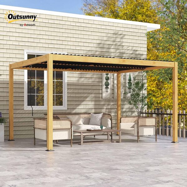 Outsunny Pergola bioclimatique en Aluminium 3 x 4 m pergola Jardin extérieur avec Lames orientables manivelle, Style Contemporain - Noir et Naturel Effet Grain de Bois