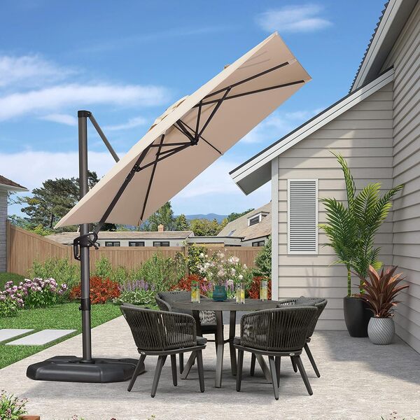 PURPLE LEAF Parasol Déporté 2,5 × 2,5 m Carré avec Base Croisée, Parasol de Jardin Extérieur Protection UPF 50+, Parasol en Aluminium avec Manivelle, Rotation à 360° et Inclinaison à 5 Niveaux, Beige
