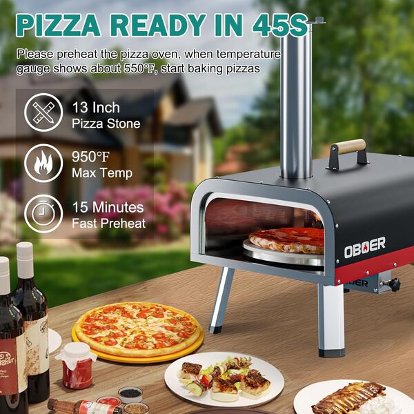 NAIZEA Four à pizza d'extérieur de 33 cm, machine à pizza multi-combustibles rotatifs, four à pizza portable au bois et à gaz, four à 3 couches en acier inoxydable avec thermomètre intégré, roulette à