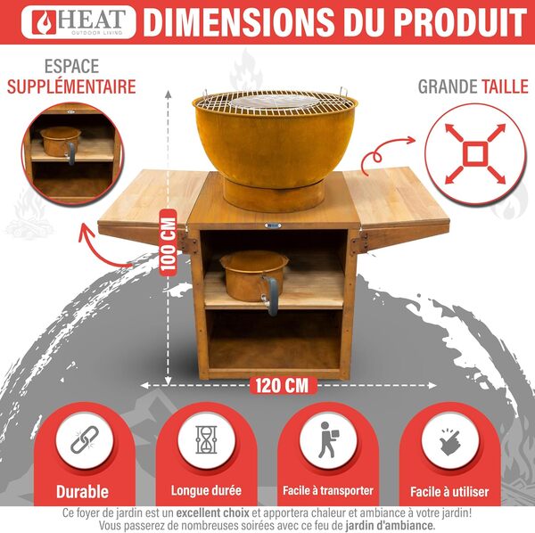 Brasero Rouille HEAT Outdoor Living Kjok - Cuisine Extérieure avec Plancha et Barbecue - Brasero pour l'extérieur, Barbecue avec Rangement - Cuisine Extérieure en Acier -120x60x120