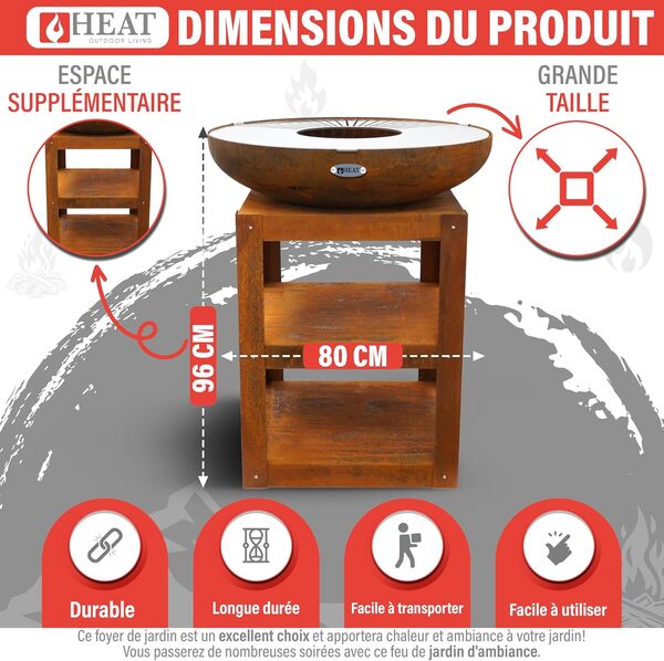 HEAT Outdoor Living Brasero Bakka - Brasero pour Le Jardin - Tonneau à feu et Foyer - Brasero en Acier Robuste - avec plancha pour la Cuisson - Barbecue Barbecue - 80 x 80 x 96 cm