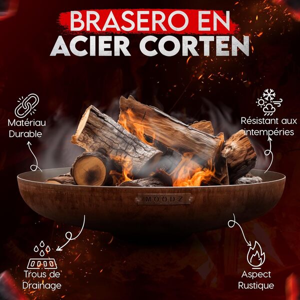 Moodz Brasero 100 cm en Acier Corten – Bol à Feu Extérieur pour Le Jardin – Brasero de Terrasse avec Grille de Cuisson Optionnelle – 100x100x21 cm