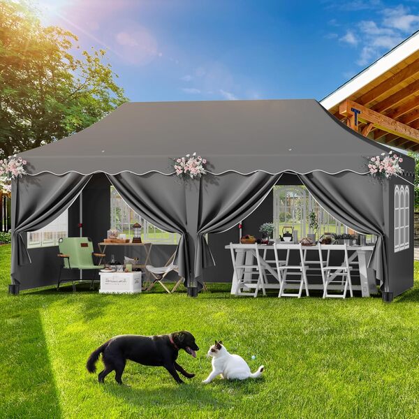 3x6 Tonnelle de Jardin Exterieur, Tonnelle Pliante 3 x 6 Imperméable avec 6 Parois Latérales,Tente Hauteur Réglable,UV 50+,avec 12 Clous de Sol 6PCS Sacs de Sable, pour Fête/Festival/Camping, Gris