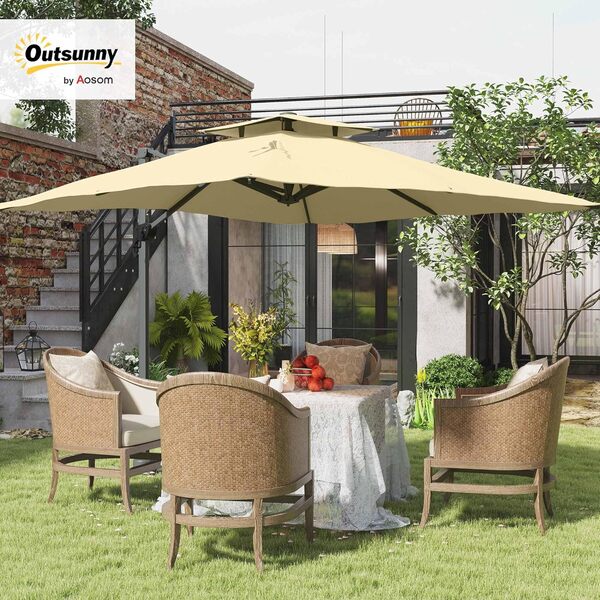 Outsunny Parasol déporté 3 m carré avec mécanisme hydraulique parasol de jardin rotatif à 360° 8 baleines toit à double base croisée mât en aluminium beige