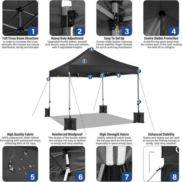 COBIZI Tonnelle Pliante 3x3m, étanche, Stable, résistante à l'hiver, pour l'extérieur, Pliable, Protection UV 50+, 3 hauteurs, Tonnelles avec 4 Panneaux latéraux et 4 Sacs de Sable, Noir