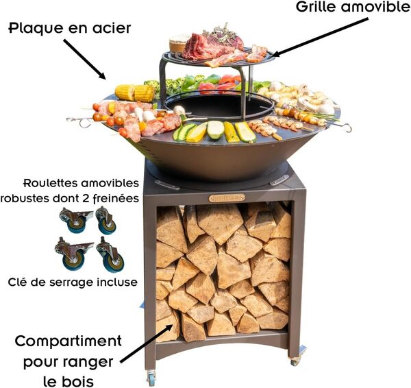 Mon Mobilier Design Fiesta Brasero Haut avec Plaque et Grille Amovible en Acier Barbecue plancha extérieur Ø 75 cm