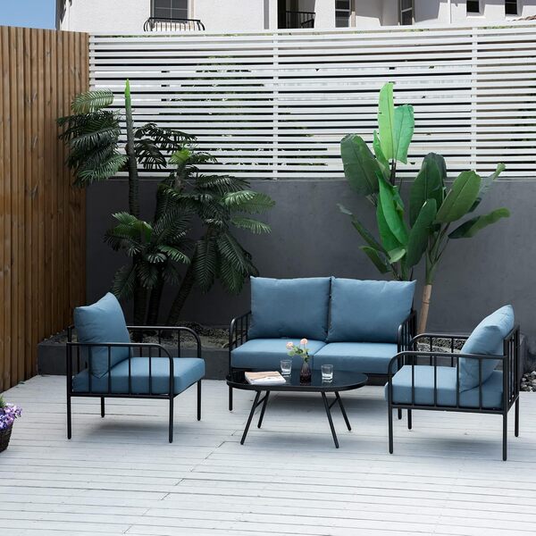 Outsunny Ensemble Salon de Jardin 4 pièces canapé 2 Places + 2 fauteuils + Table Basse Plateau Verre trempé Grand Confort 4 Coussins Rembourrage épais déhoussables métal Bleu foncé et Noir