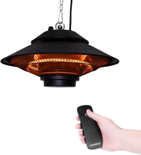 VONROC Chauffage Terrasse Extérieur Albano 1500W – Chauffage Électrique Suspendu IP44 - Temps de Chauffe de 3 Sec. - en Carbone, Sécurité Anti-Surchauffe - Télécommande, Mousquetons, Chaine Inclus