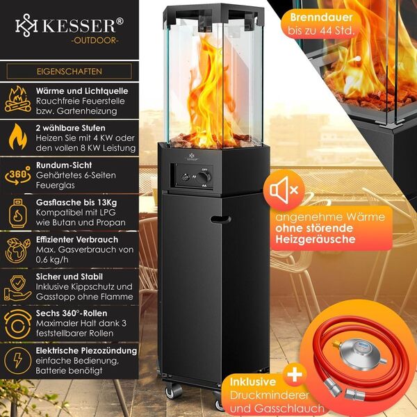 KESSER® Chauffage Radiant à Gaz, Chauffage de Terrasse, Chauffage Radiant à Gaz, Housse de Protection Incluse Chauffage Outdoor, Chauffage à Flamme, avec Roulettes au Sol, Noir
