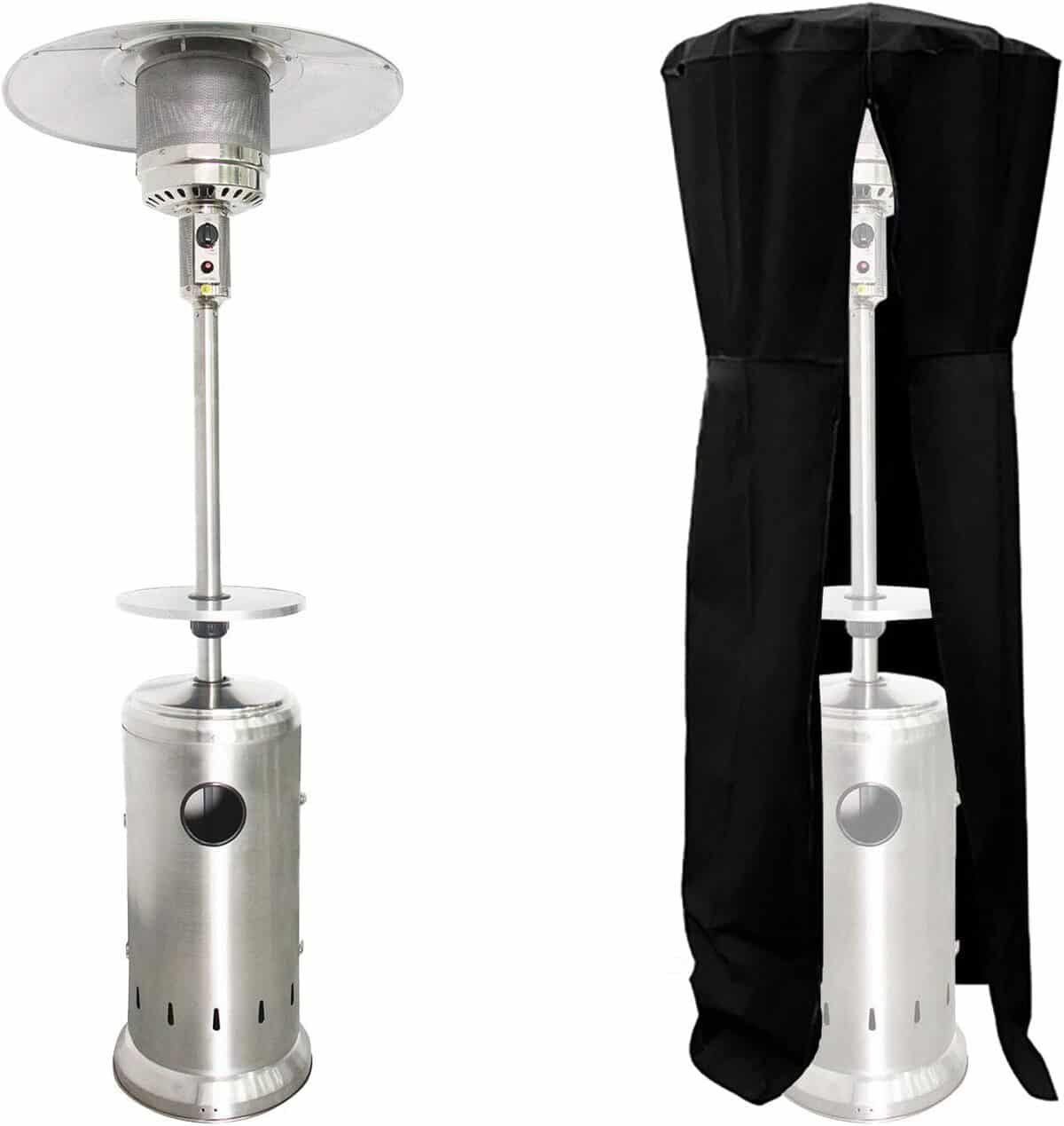 Test du parasol chauffant Oslo : chauffage d'extérieur en inox avec table et housse