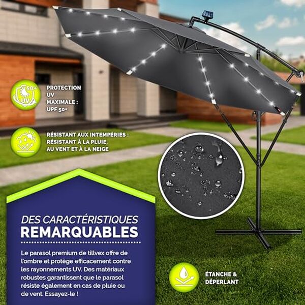 Découvrez notre analyse détaillée du parasol déporté LED solaire Tillvex 3M : performances, fonctionnalités et avis d'utilisateurs. Idéal pour embellir votre jardin cet été.