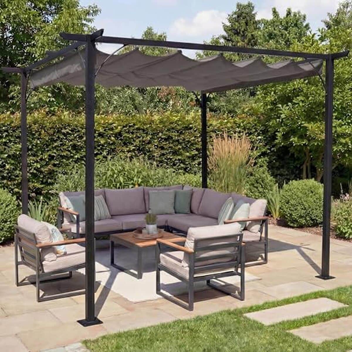 Test : pergola Mendler HWC-C42, cadre stable et toit ouvrant 3x3m gris