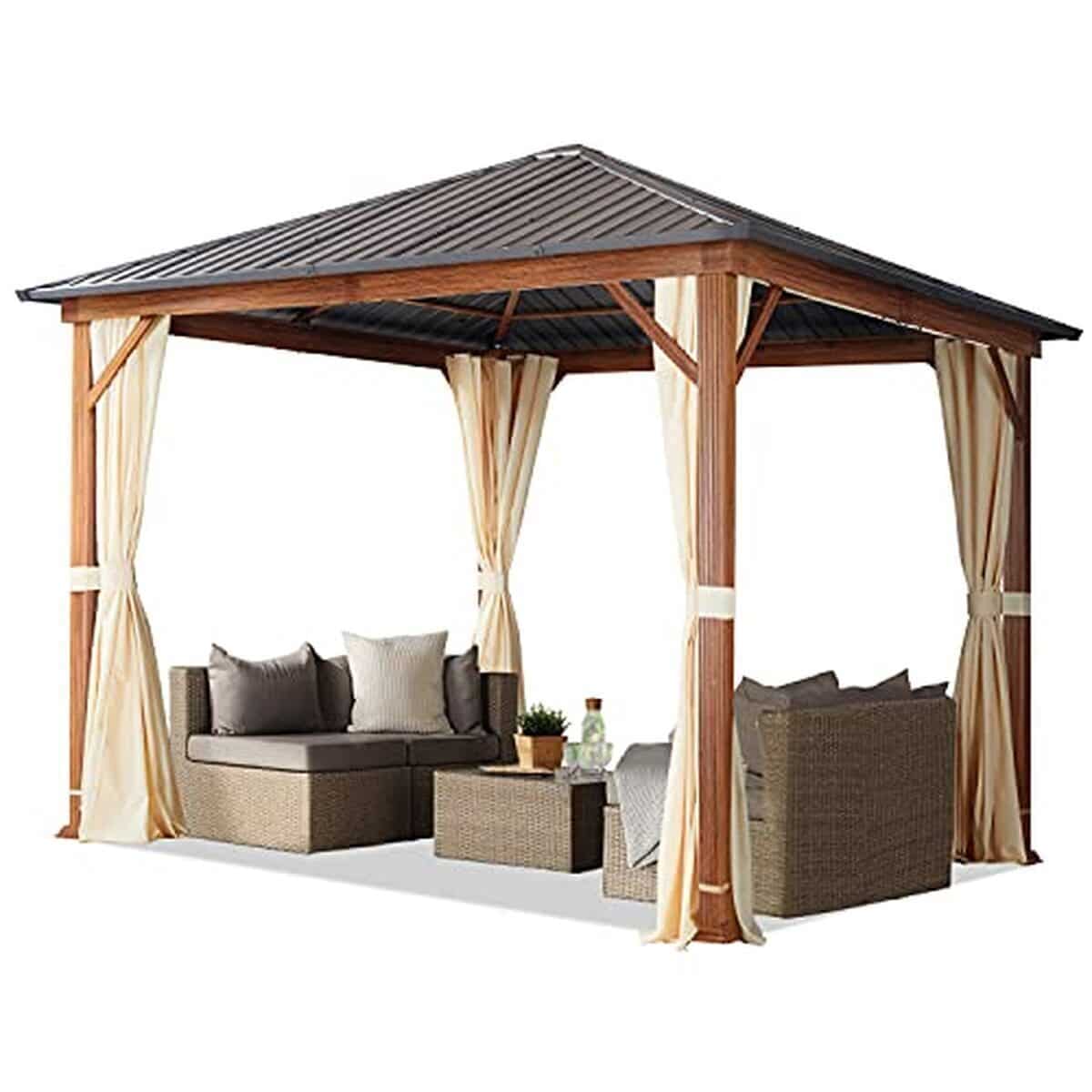 Test tonnelle de jardin 3x3 m, aspect bois et toit en acier champagne